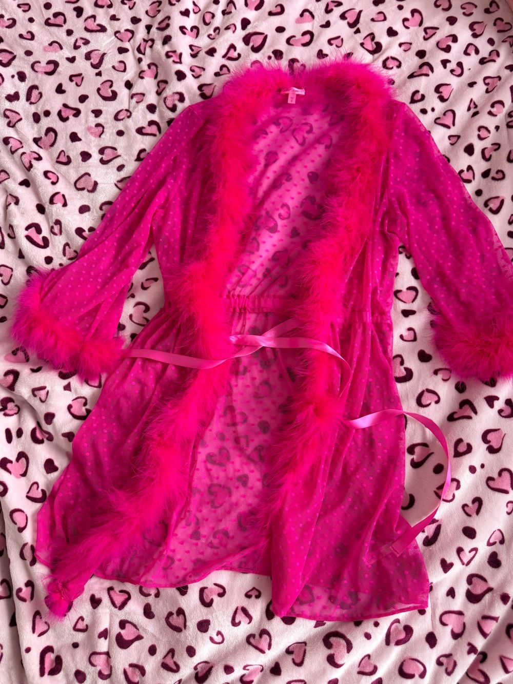 Betsey Johnson Pink Sheer Marabou Trim Robe